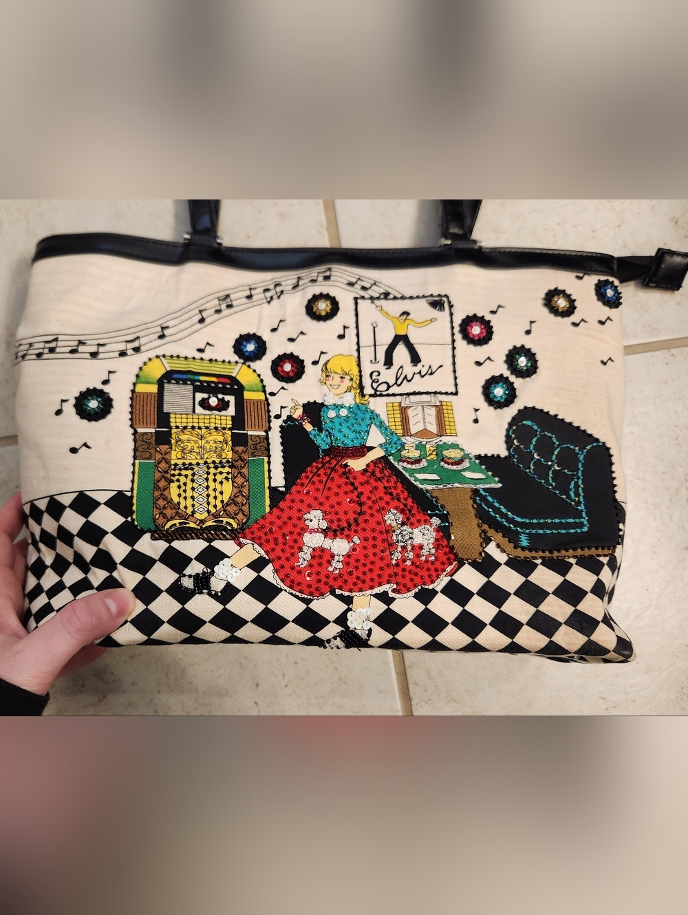 Elvis Presley Tote Bag Collectible 50’s Jukebox Retro Beaded White #K - Picture 7 of 13